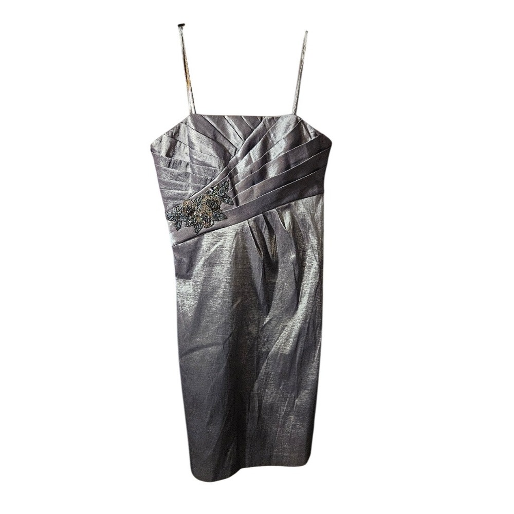 Jessica Howard Taupe Metallic Pleated Beaded Cocktail Dress JH1M4273 Size 12
